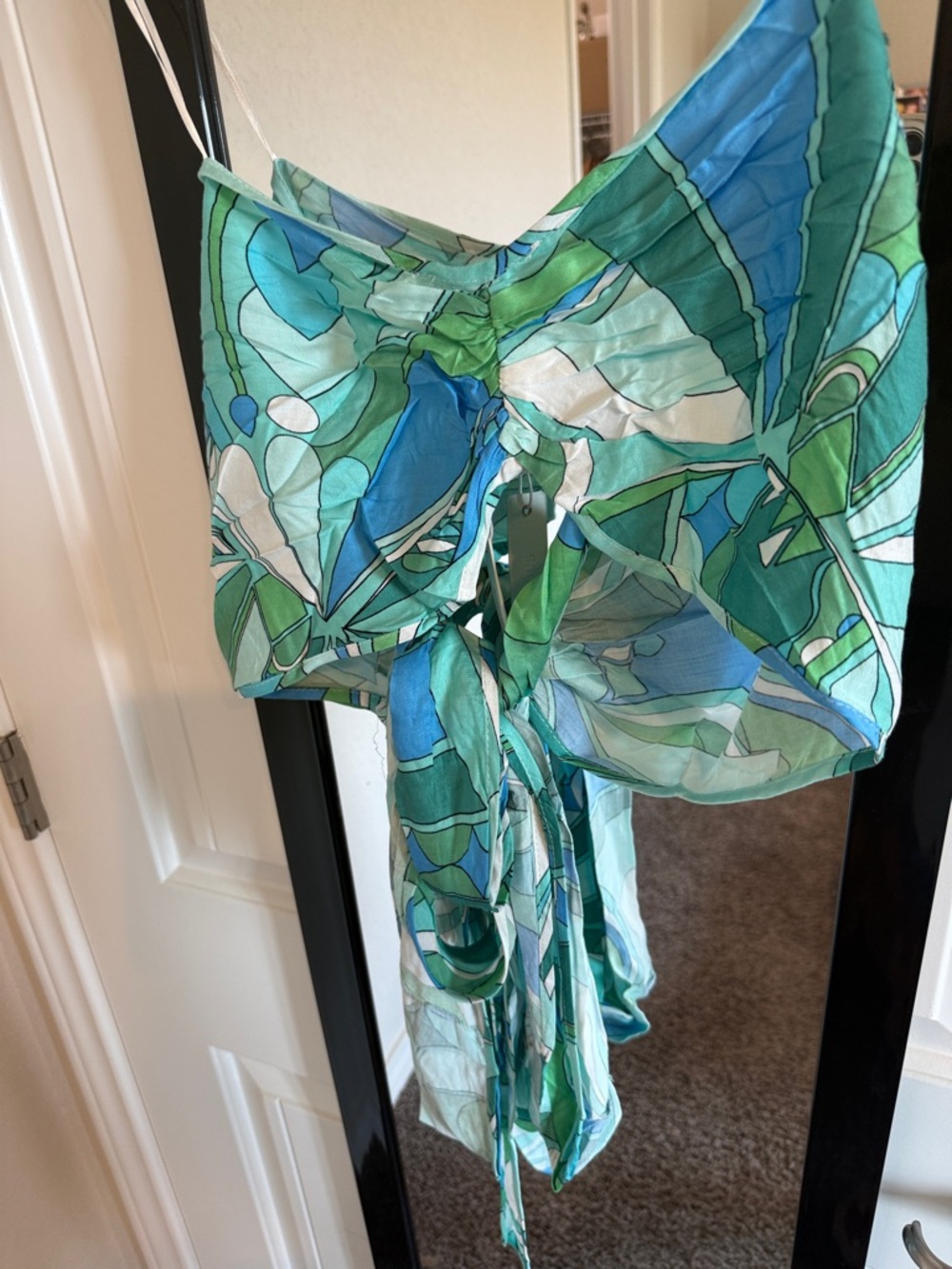Olivaceous Green and Blue Abstract Print Tie-Back Crop Top